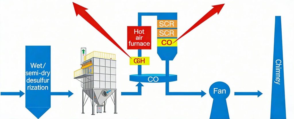 Flue gas denitrification process flow diagram with desulfurization, dust removal, GGH, SCR, and chimney