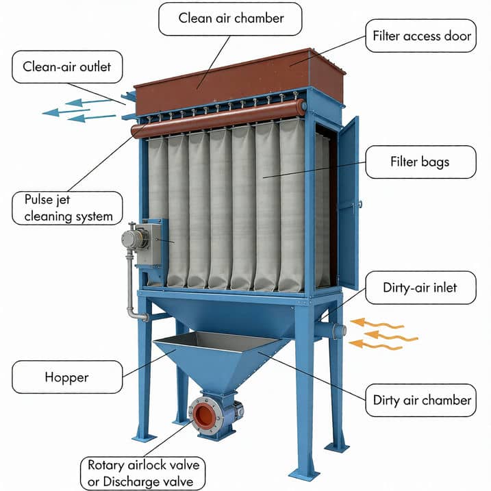 Схема конструкции рукавного фильтра