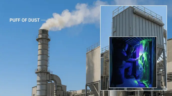 Baghouse stack puff of dust fluorescent leak detection