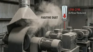 Failing dust collection hood fugitive dust low cfm