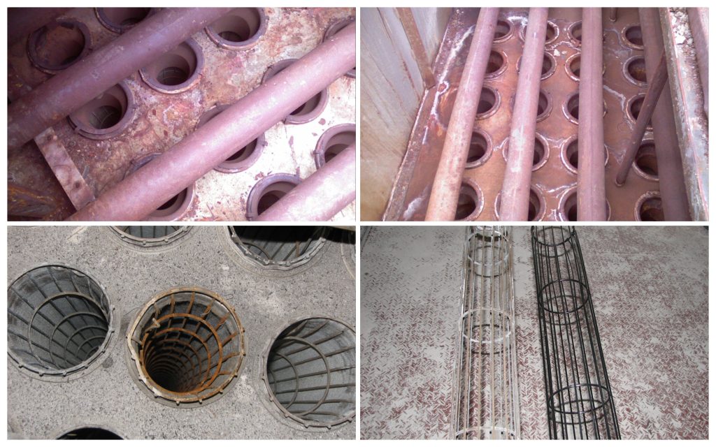 Corroded filter bag cage with rust and broken welds
