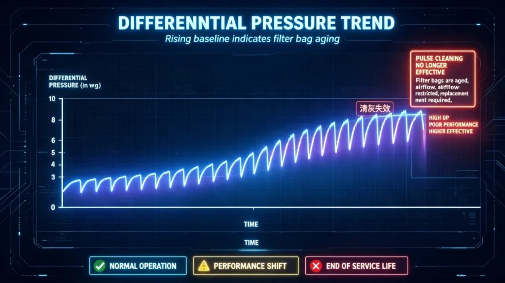Differential pressure trend over time, showing when pulse cleaning no longer reduces pressure drop
