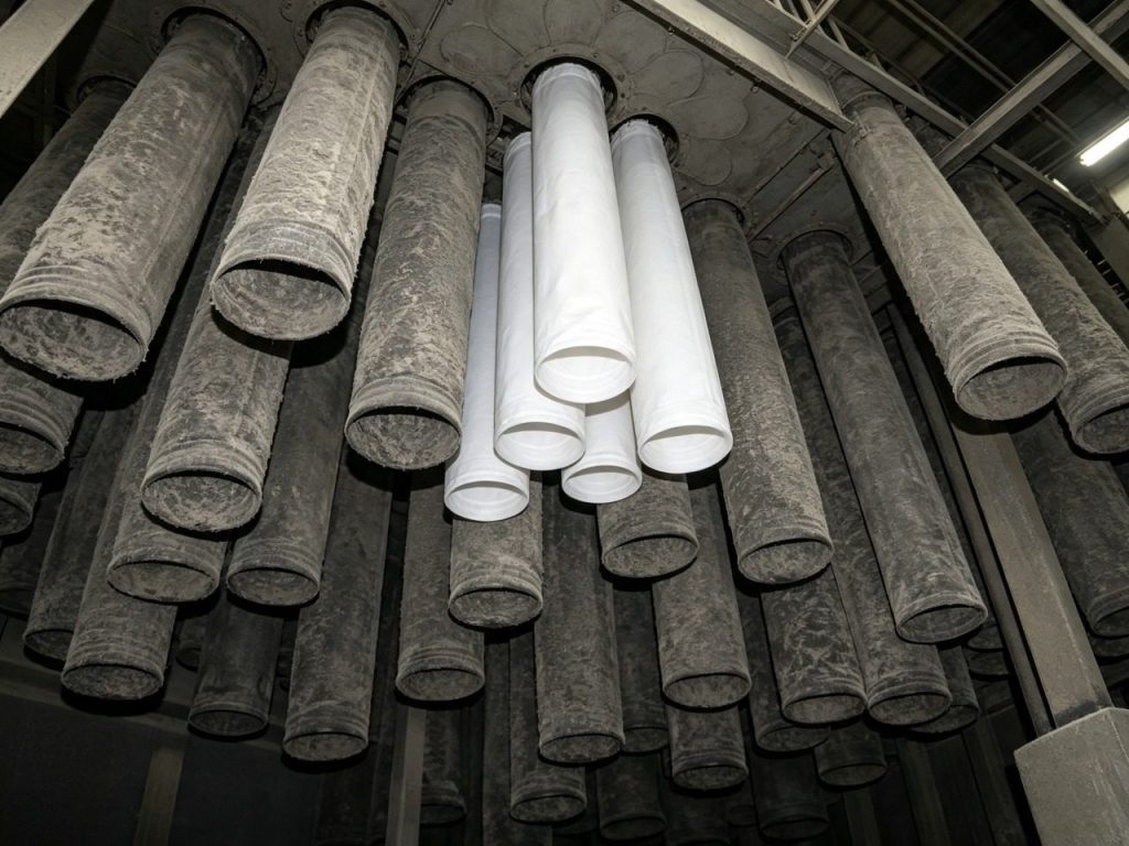 Old and new filter bags installed together in a baghouse, showing visible contrast