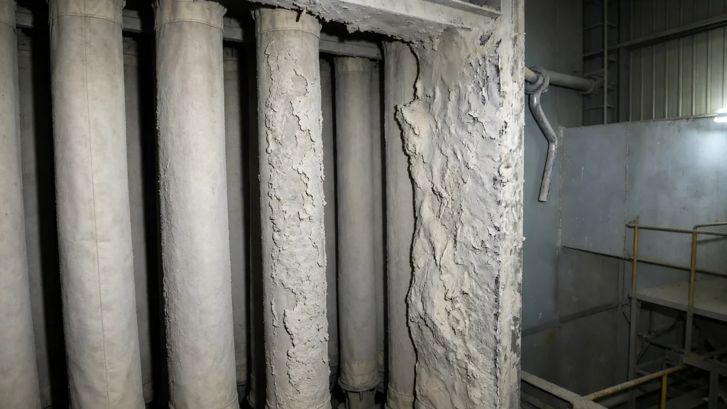 Moisture in a baghouse causes dust to stick to filter media, forming a hardened dust cake that blinds the filters and reduces air flow.