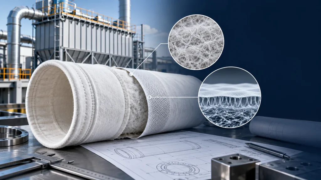 PTFE and ePTFE membrane filter bag construction in an industrial baghouse setting