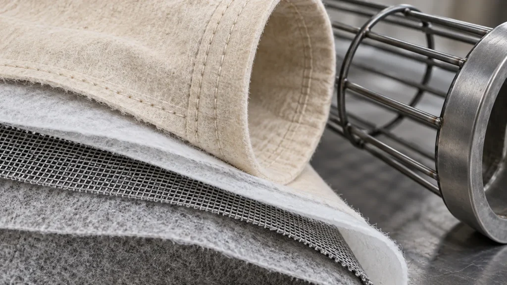 Close-up of layered high-temperature filter bag fabric and cage support