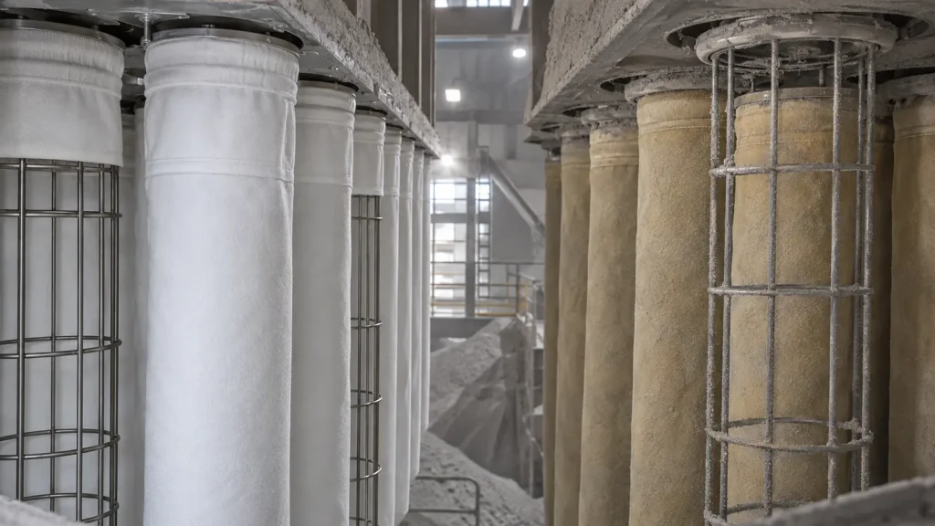 FMS and P84 filter bags inside a cement kiln baghouse