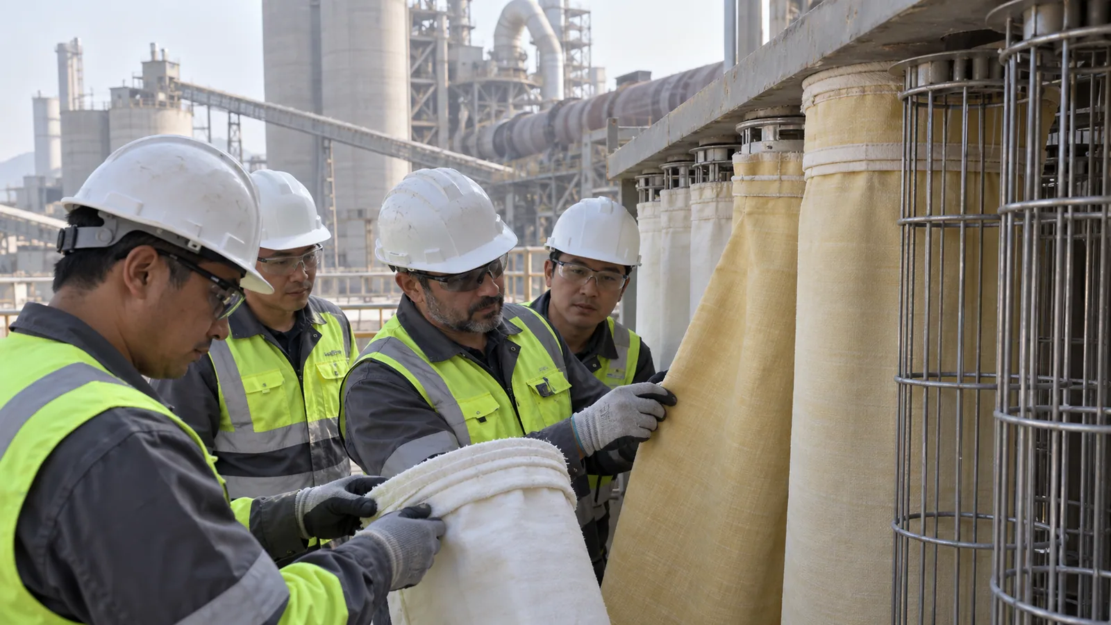 Cement plant maintenance team inspecting FMS and P84 filter bags and cages