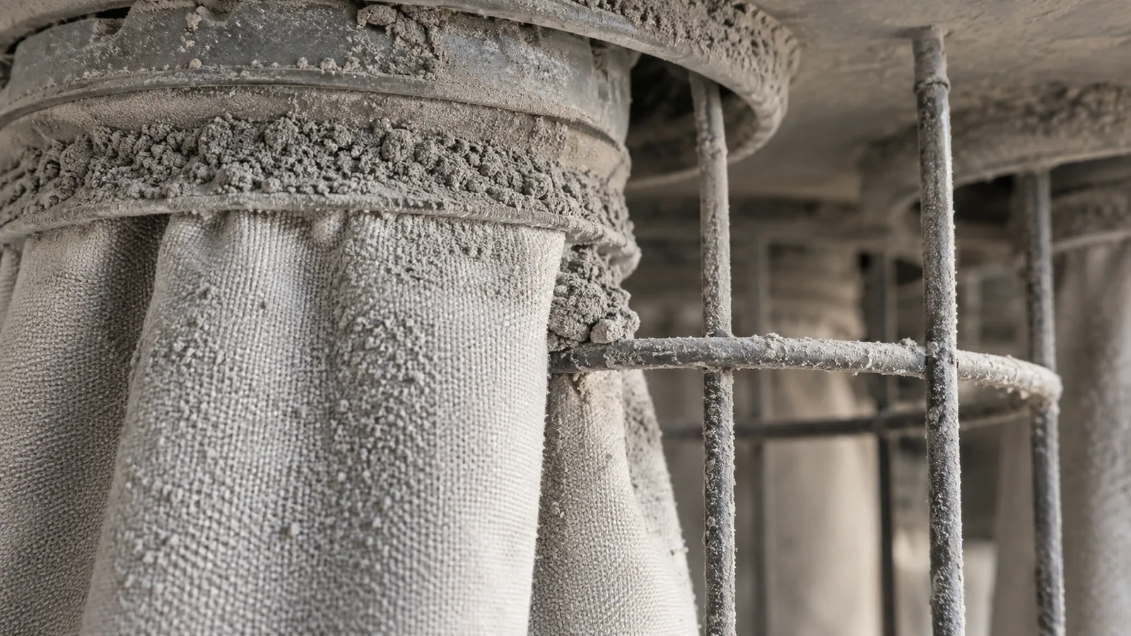 Abrasive cement dust on filter bag surfaces and cage contact points