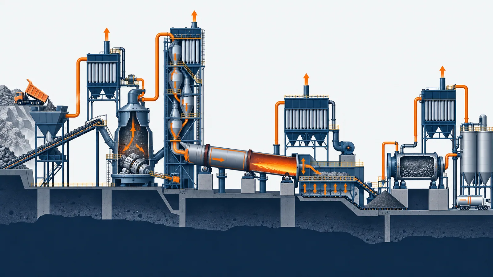 Process-section map for cement plant raw mill kiln clinker cooler and cement mill baghouses