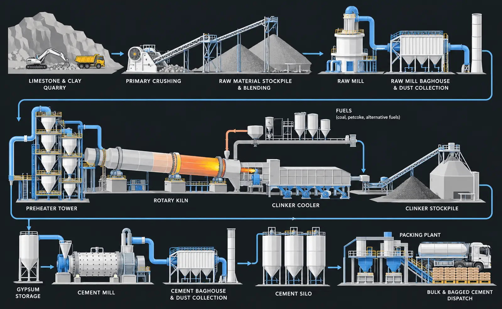 Cement production process flow chart from quarry through raw mill, kiln, clinker cooler, cement mill and packing, showing raw mill and cement mill baghouses