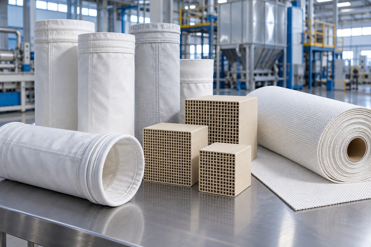 Industrial filter bags, honeycomb SCR catalysts and filter cloth for chemical processing applications