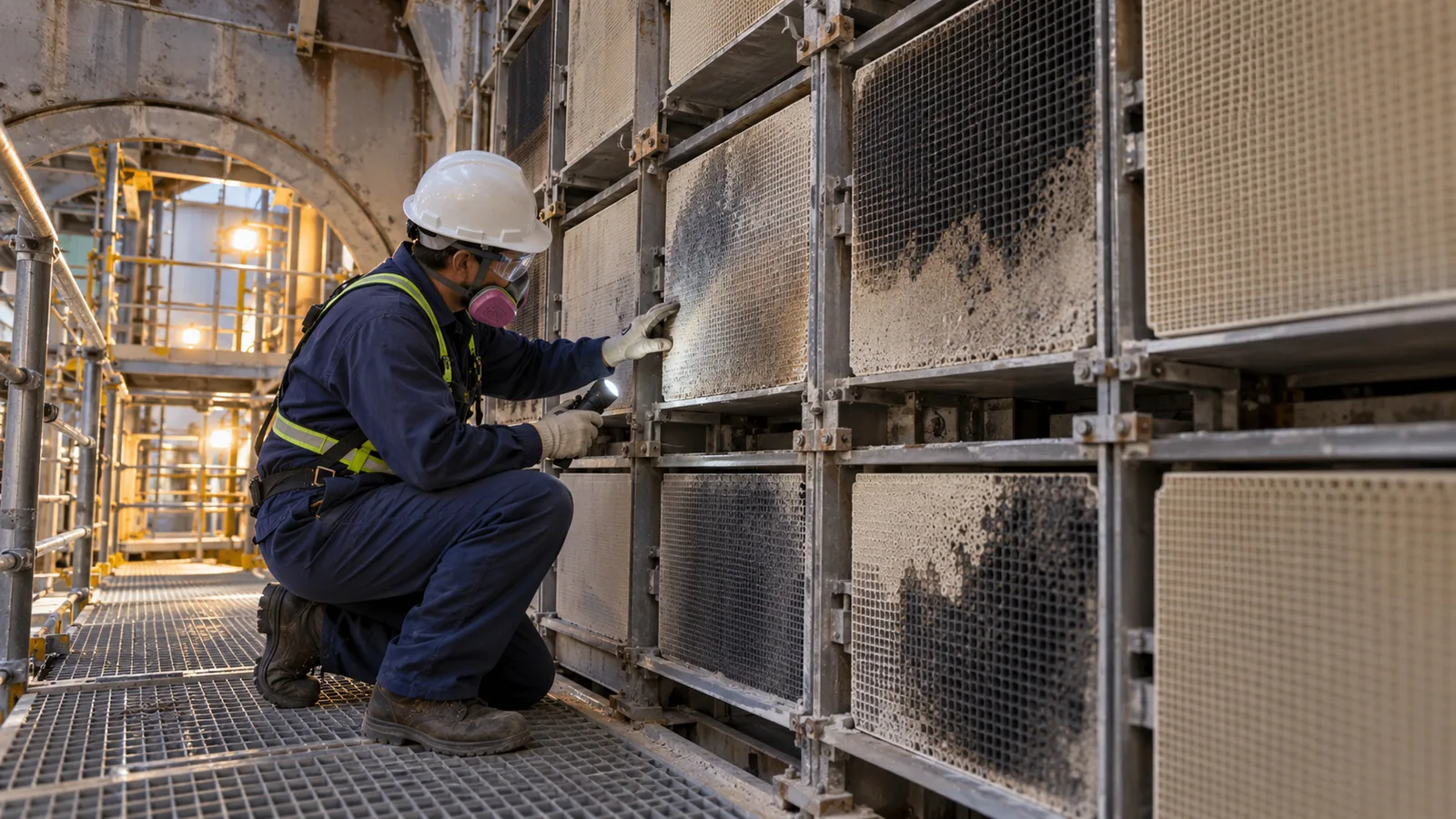 Technician inspecting SCR catalyst honeycomb modules during a planned outage