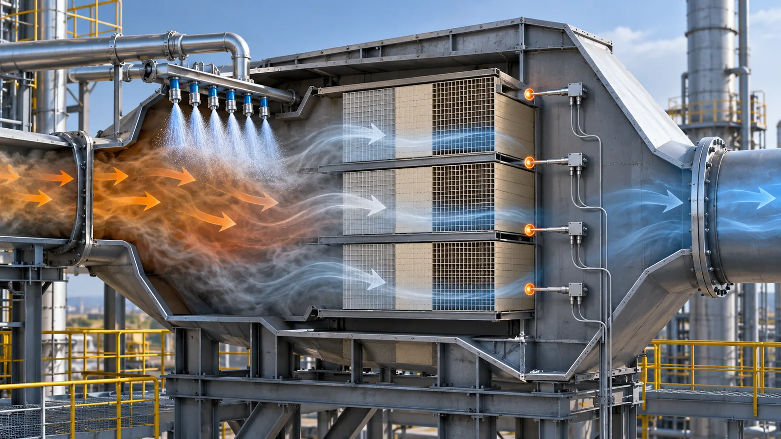 SCR reactor cutaway showing ammonia injection grid catalyst layers and monitoring points